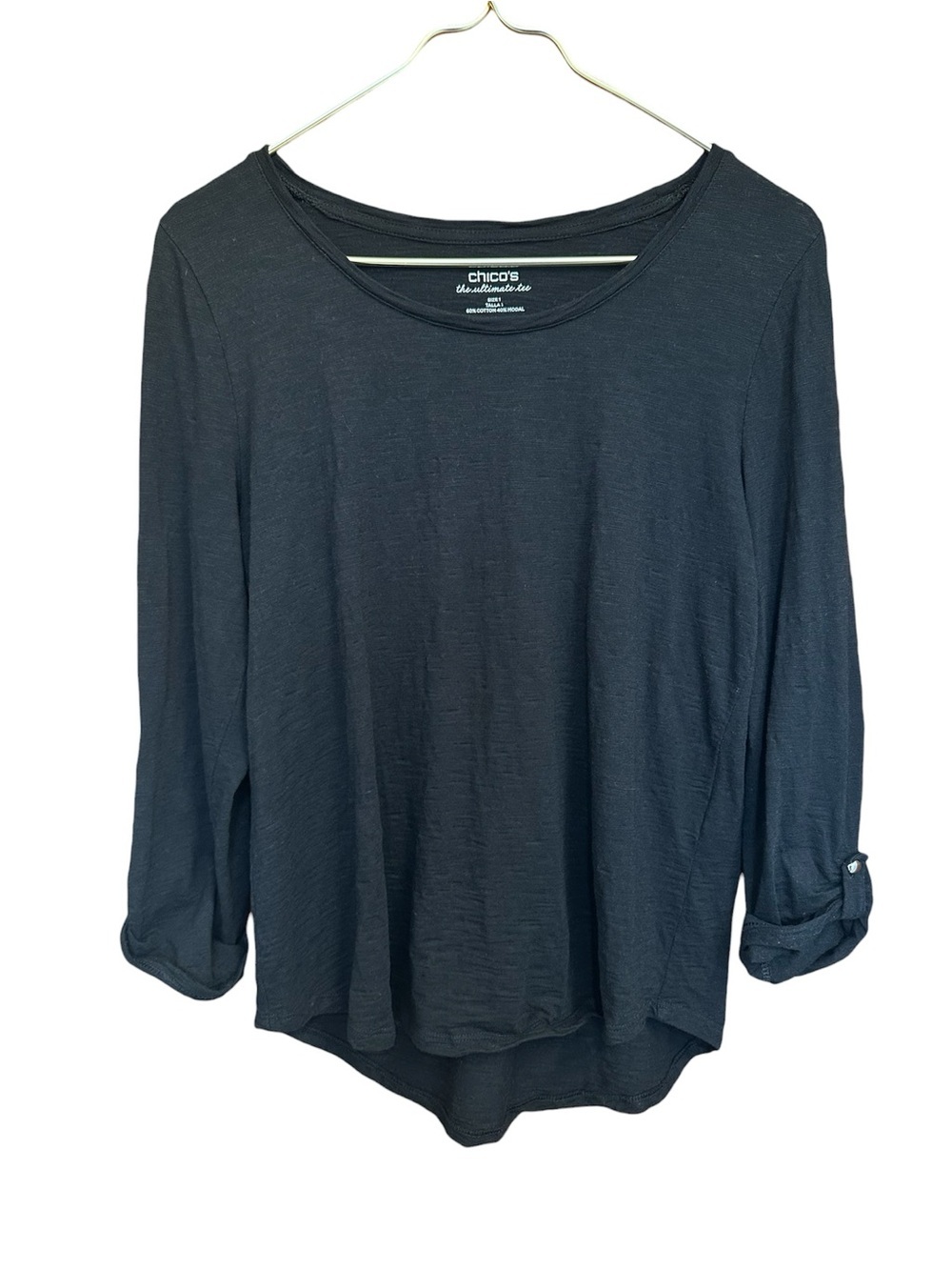 Chicos The Ultimate Tee T-Shirt Womens M Black Cotton Blend Long Sleeve Pullover
